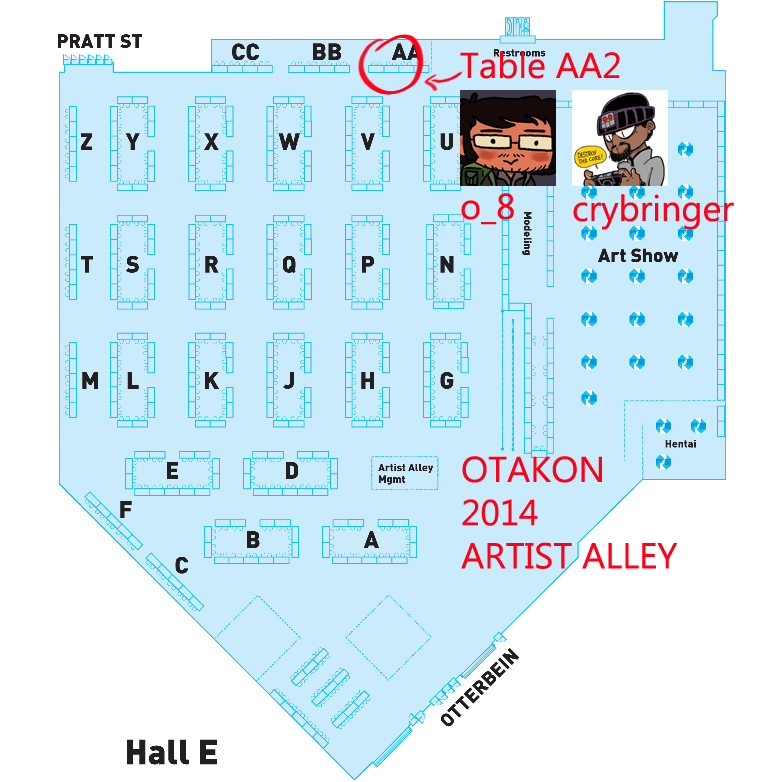 o-8:
“ Thanks to Kata and Black, I will be at Otakon this year! You can find me sharing a table with Crybringer. We’ll be at Table AA-02, which you can see the location of on this map. Stop by if you get a chance!
I’ll be selling my usual stuff,...