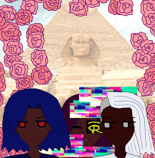 the triplets are in front of the forward-facing famous egyptian sphynx and its nearby pyramid, both sandy rock formations sculpted by human hands. the sphynx is a lion-pharaoh-cat-human-looking being. the background is mysteriously bright white. antonio's frowning and not getting any sleep with red eyes irritated and brows drawn. he has blue hair like waves. behind him is a strange fernando who is glitching and smiling but has the eye of horus in gold in front of his left eye. raj is frowning as he stares at antonio next to him with dark brown skin and falling silver hair that's flipped. pink roses fall everywhere behind them.