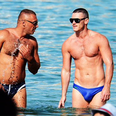 famousmeat:  Luke Evans’ speedo bulge at the beach with male companion in Mykonos