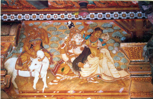 Shiva , Parvati and Mohini (Vishnu´s feminine avatar), Kerala mural