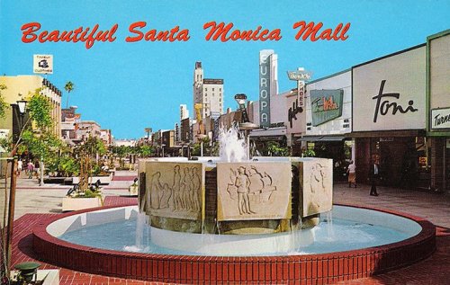 Vintage postcard of the Santa Monica pedestrian mall circa 1966.