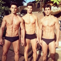theperksofbeinghomo:  Three stunning, chiseled boys. Which one would you chose?? They all three have excellent features, but I think I’d have to go with the hunk on the left… or the right. No, left. I think. Maybe I’ll just remove myself from the