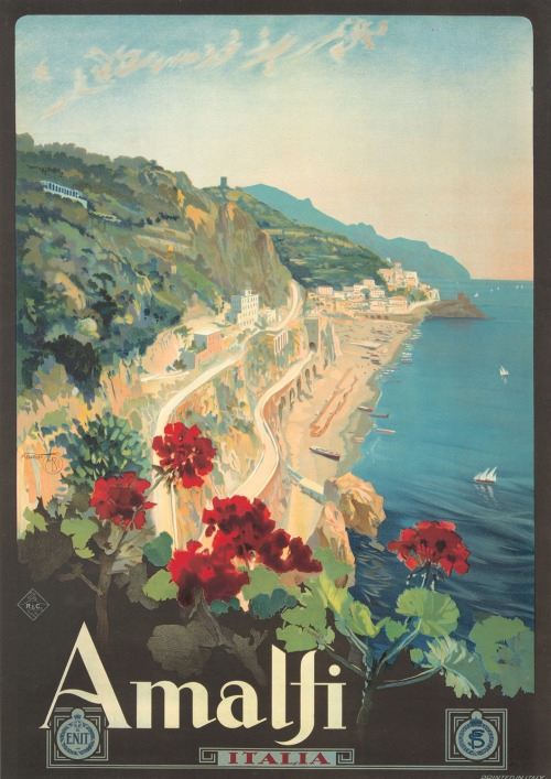 rare-posters:Amalfi. 1934. Mario Borgoni.27 ¼ x 39 ¼ in./69.3 x 99.6 cmLocated at the foot of Monte 