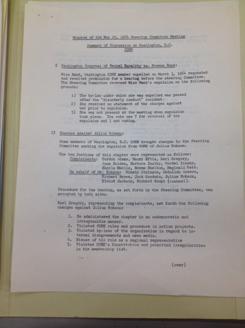 DC CORE Steering Committee Meeting Minutes On The Expulsion Of Julius Hobson, May 22, 1964