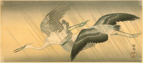 heartbeat-of-leafy-limbs:OHARA KOSON Flying Herons in Rain [circa 1930]