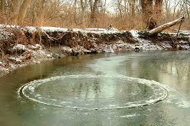 sixpenceee:  An ice circle is a natural phenomenon that occurs in slow moving water