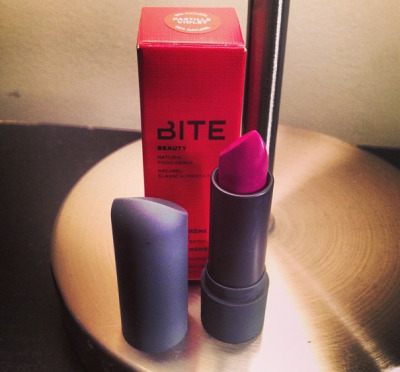 Finally got the new Bite Beauty violet lipstick!! Love it!! Fluorescent pink, but with a very strong purple hue!! Bite Beauty is AMAZING 75% organic, loaded with antioxidants, made in small batches, and each of there products has 6mg of resveratrol...