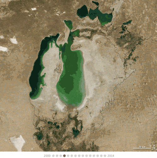 micdotcom:  Watch one of the world’s biggest lakes dry up in one alarming GIF   One of the world’s largest lakes has all but completely disappeared. Disturbing satellite photos released by NASA’s Earth Observatory show the Aral Sea, nestled between