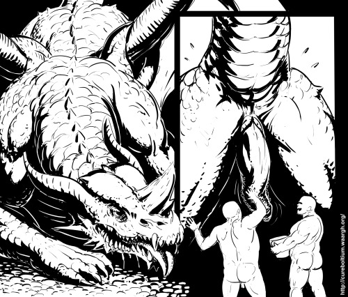 zsisron:  Take from this what you will! Orcs milking a dragon!   Could they be milking the dragon for the good of the tribe? Collecting his seed for alchemical and magical reagents?  Maybe the dragon is the one that rules the clan of orcs?  Perhaps
