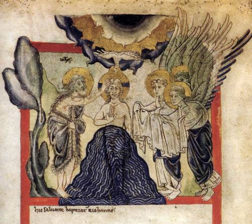 The baptism of Christ.  Miniature by an unknown French artist from an illuminated manuscript of