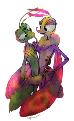 zimeta: Manny and Gypsy from A Bug’s Life. I like them a lot because you don’t get a lot of older married couples in animated movies who aren’t the parents of the hero/es. Plus I love mantises and moths. :3 More of my junk 