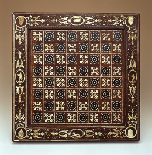 Backgammon and Chess Board, 1590. Plum wood, invory inlay, painted in indian ink. Southern Germany. 