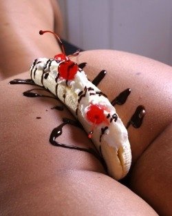 femdomgames:  It is his birthday today so he gets to have dessert. A nice chockolate covered banana from between your ass cheeks. No hands allowed, and make sure he cleans it all up!