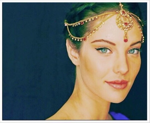 Greek beauty Nefeli Livieratou in ethnic headpiece by Calliope Karvounis