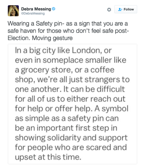 refinery29:Signal boost this– Wear a safety pin to signal solidarity with the groups like Musl