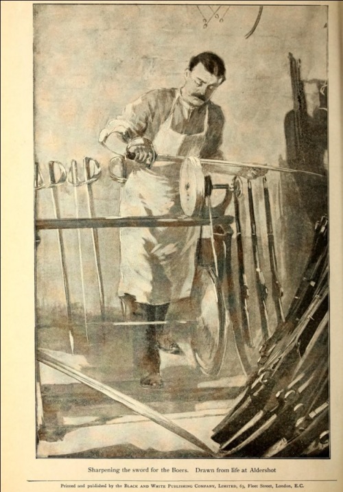 An armourer sharpening cavalry swords. From Black &amp; White Transvaal Special No. 3, 28 Oct. 1899.