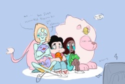 Pearl, Steven, and Connie watch Pokemon the