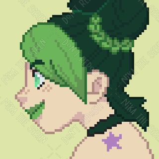 Portrait of Jolyne Kujo from Jojo's Bizarre Adventure part 6: Stone Ocean in pixel art style.