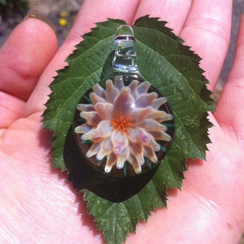 Opalescent pink and purple flower pendant by Allison. #glasspeace #glasspendant #flowerpower #glassf