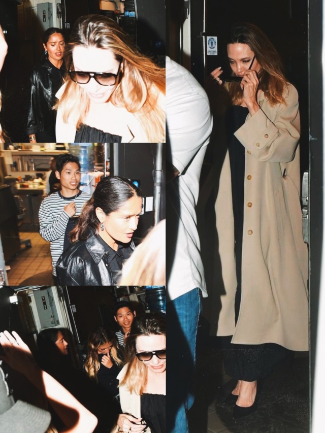 Angelina leaving Salma Hayek’s birthday dinner last night with Pax and Valentina