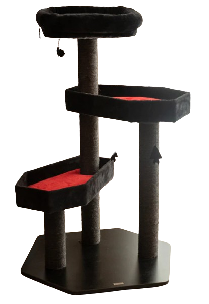 transparent image of a designer cat tree from Happy and Polly with black and red coffins in a gothic style