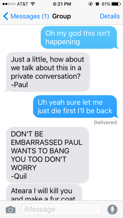 imaginetwilight: (Requested by Anon) Fake Text- Reader goes to tell her friend about her crush on Pa