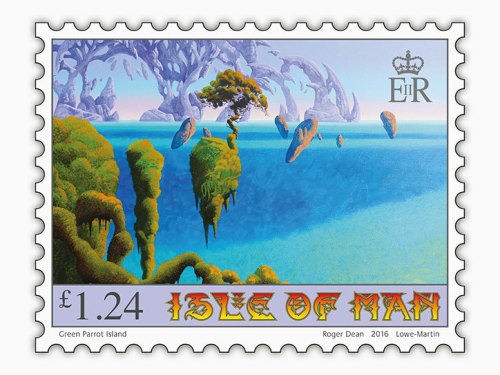 70sscifiart:    Artist Roger Dean, known for his album artworks for Yes and Asia, has created a series of six stamps for the Isle of Man Post Office.  