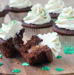 fullcravings:  Guinness Chocolate Cupcakes with Baileys Buttercream and Salted Caramel  Get in my mouth!