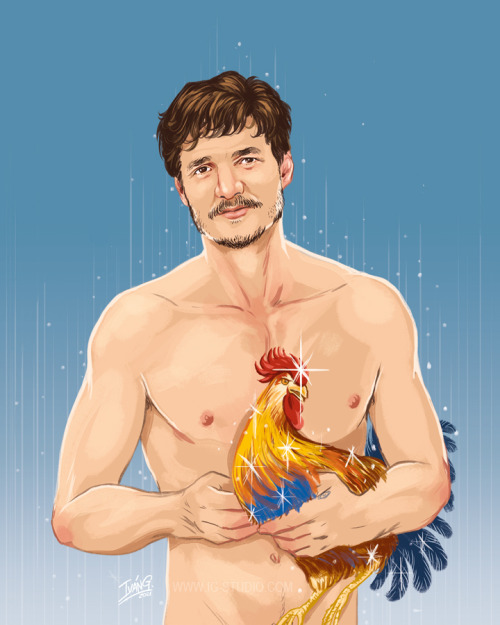  Pedro Pascal teleporting with a mystical chicken (signed prints) © Iván García. Digital art.Signed 