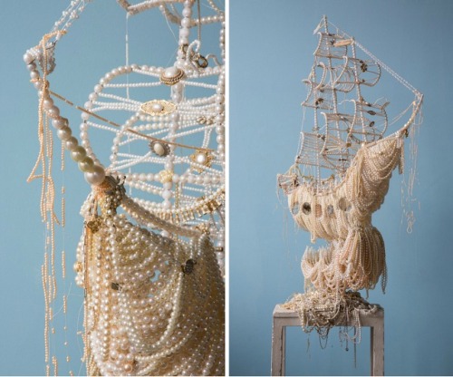 liketotessecret:jigokuhana:asylum-art-2:Two Huge Galleon Ships From Old Pearl Necklaces by Ann Carri