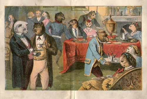 Double page illustration printed in colour from Miss Pussycat&rsquo;s Tea Party undated c1870 pr