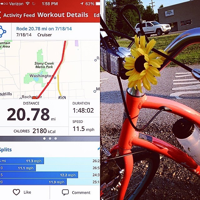 Monday morning ride. 20.7 miles. #cycling #biking #bike #bikeride #cruiser #macomborchardtrail #orchardtrail #electra #flowerpower #exercise #weightloss #detroit