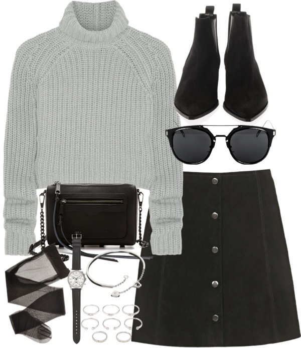 Outfit with a denim skirt by ferned featuring a chelsea bootie
T By Alexander Wang chunky knit sweater, 200 AUD / Topshop button front a line skirt, 190 AUD / Transparent tight, 35 AUD / Acne Studios chelsea bootie, 535 AUD / Rebecca Minkoff...