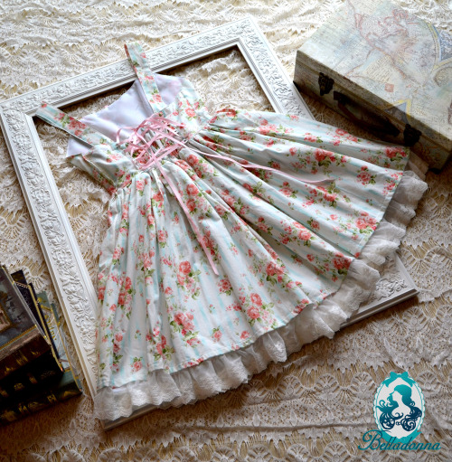 Sweet Rosy Stripe JSK “ This dress is made with a sweet rose fabric with white lace details an