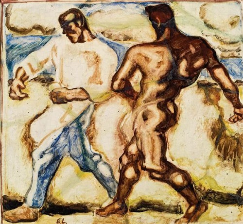 terminusantequem:Albin Egger-Lienz (Austrian, 1868-1926), Sämann und Teufel. Glaze painting on ceram