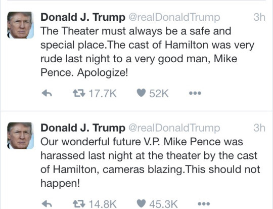 urulokid:  dedalvs:  parliamentrook:  samanthabeeismyqueen: Mike Pence attended Hamilton and the cast had something to say to him: “We are the diverse America who are alarmed and anxious that your new administration will not protect us.” (x) “You