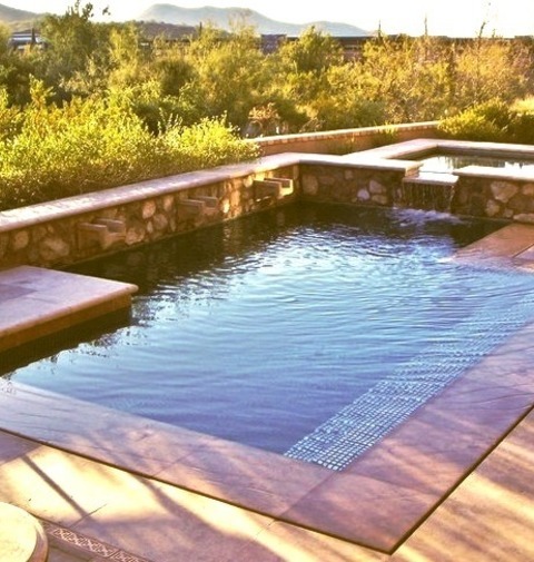 Pool - PoolExample Of A Large Backyard Stamped Concrete And Custom-shaped Hot Tub Design