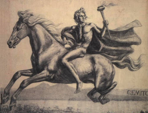 Alexander the Great mounting his horse Boukephalon, which definitely seems inappropriate given his n