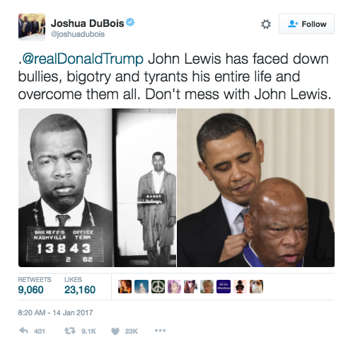 micdotcom:  Donald Trump won’t visit African-American Museum after feud with civil rights hero, John Lewis. Following a nasty, racially-tinged feud with civil rights hero Congressman John Lewis over the state of his “horrible” district and “burning