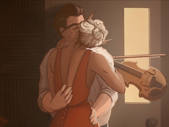 mmmarty:ID:[ A couple leans against the wall of a dark practice room, kissing. An