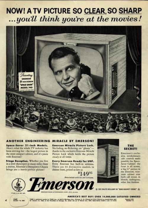 broadcastarchive-umd:  “Now! A TV picture so clear, so sharp, you’ll think you’re at the movies!”