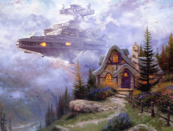archatlas:  archatlas: Wars On Kincade Jeff Bennett What do you get when you take the traditional artworks of Thomas Kinkade and incorporate Star Wars battle scenes in their midst? Something really cool!    Check out all the previous Star Wars posts