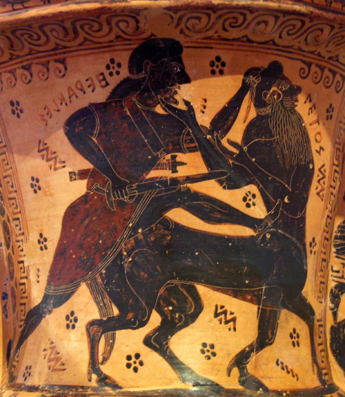 Heracles battles the malevolent centaur Nessos.  Neck of an Attic black-figure amphora, name-va