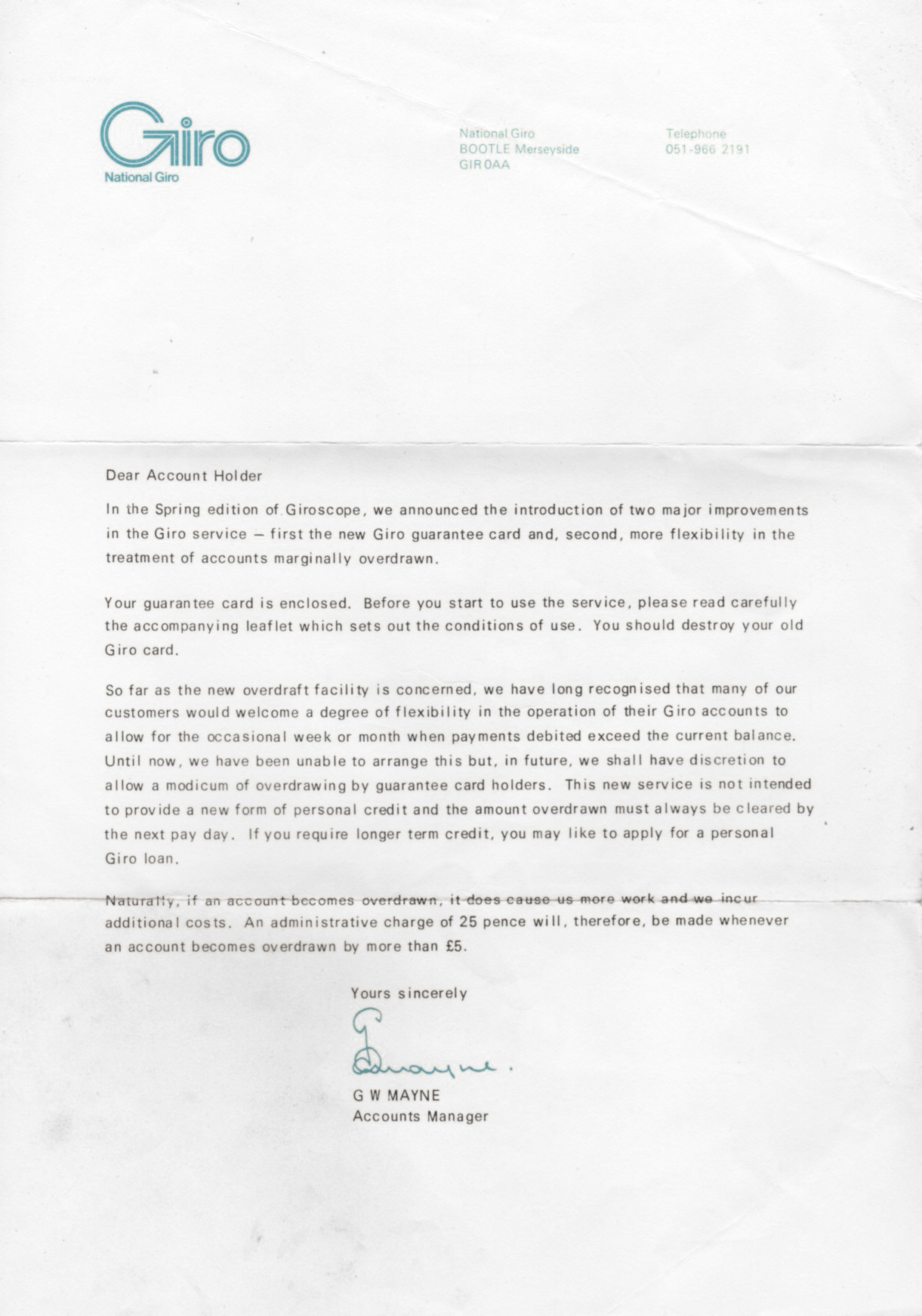 Introduction of the Giro guarantee card and overdrawing facilities, undated