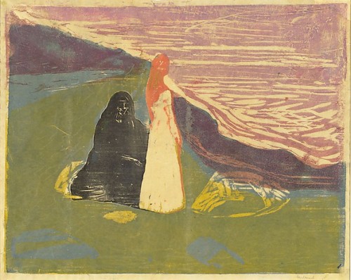 nobrashfestivity:Edvard Munch, Iterations of Two Women on the Shore,1898, Woodcut printed in colors.