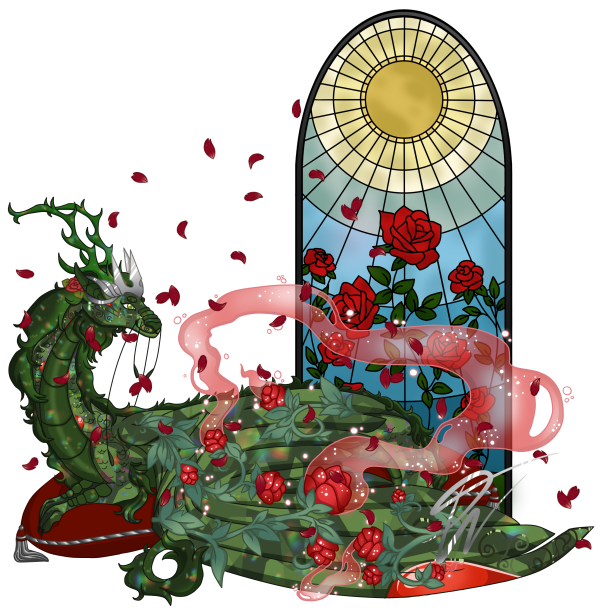 An image of Rhozaria and her roses on a red pillow in front of a stained glass window. Adopt by Amehime.