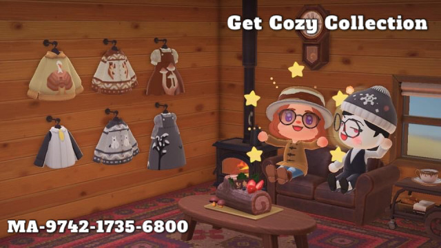 two animal crossing chracters sitting on a couch showing off a colection of player designed clothes