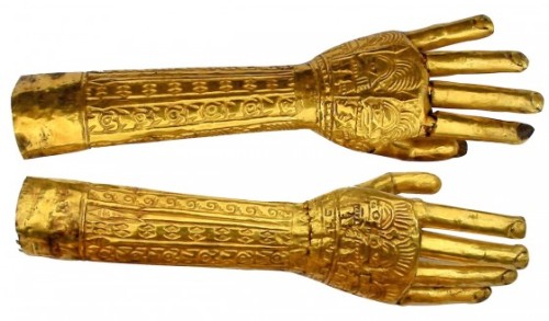 A pair of gold gloves crafted by the Sicán culture of Peru (750-1375 AD).