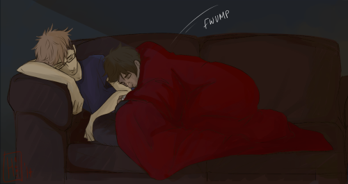 hachidraws:  Eren has been out on a solo job for weeks on end, and gets home a couple days early to find Jean asleep on the couch. (courtesy of Kenji from twitter earlier today)