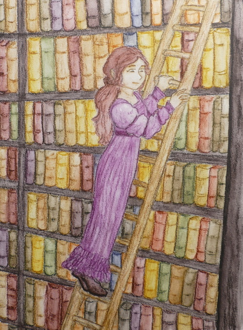 ilwinsgarden: Elisabeth searching grimoires in Nathaniel’s study. Not watching the grimoires at the 